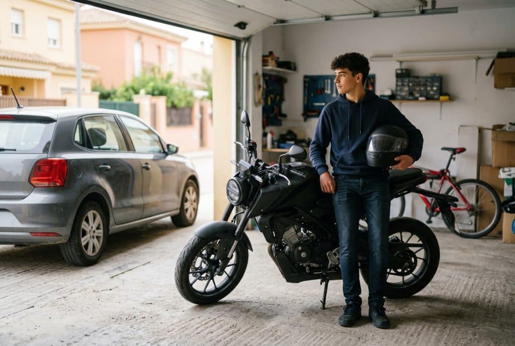 Chico de 17 años en el garaje de casa mirando la moto de 125 que puede conducir y el coche familiar que todavía no, la edad mínima del carnet de conducir en España