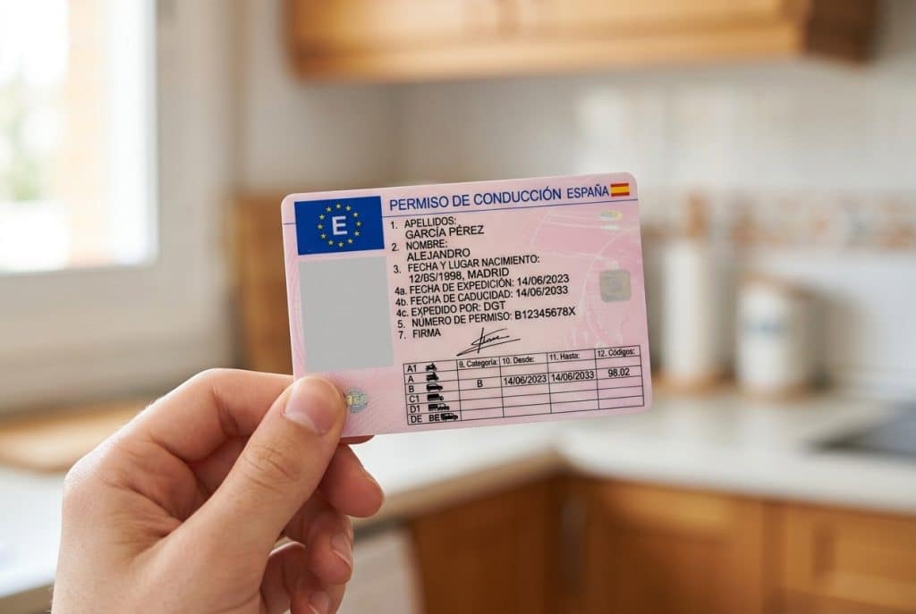 Mano sosteniendo un permiso de conducir español nuevo con el código 98.02 de la conducción acompañada anotado en la columna 12, el carnet de conducir a los 17 años