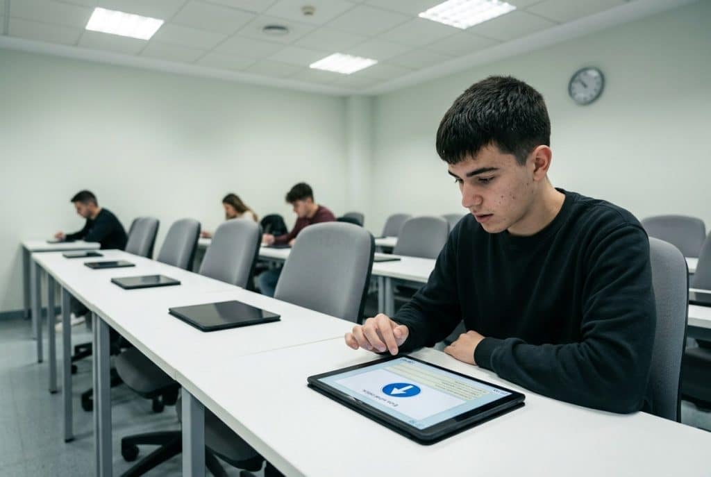 Aspirante de 17 años haciendo el examen teórico del carnet de conducir en la tableta de una Jefatura de Tráfico, tres meses antes de cumplir los 18