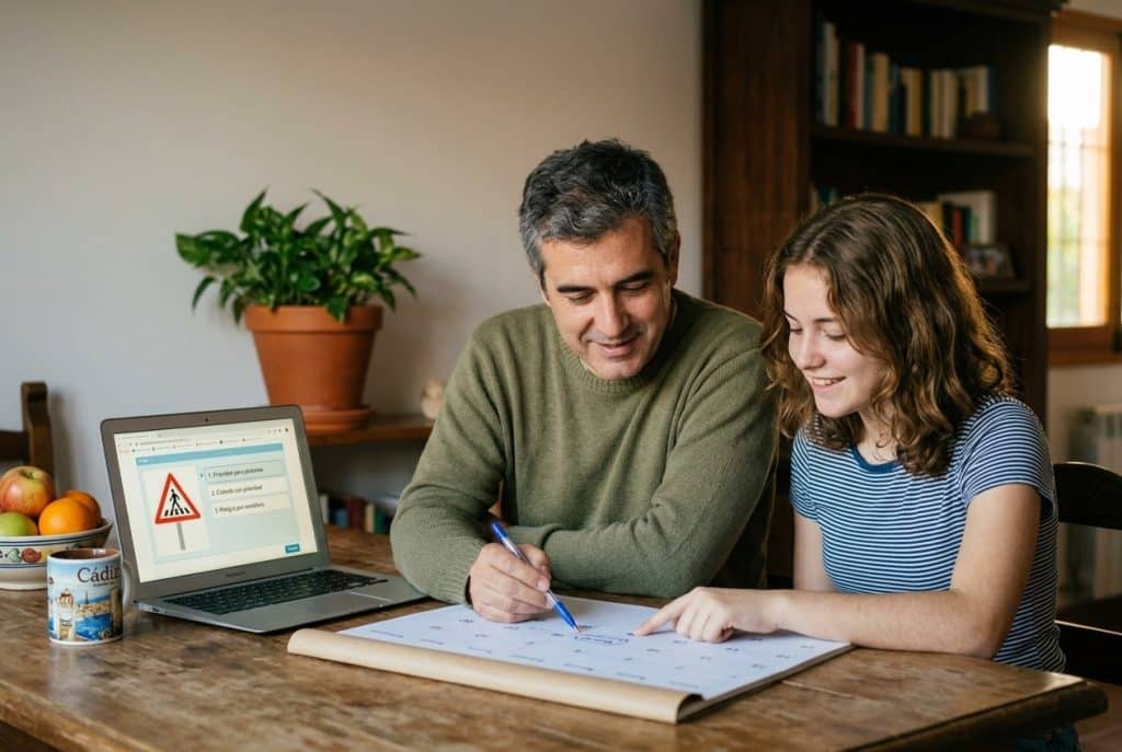 Padre e hija de 17 años planificando en casa las fechas del examen teórico del carnet de conducir con un calendario y el portátil