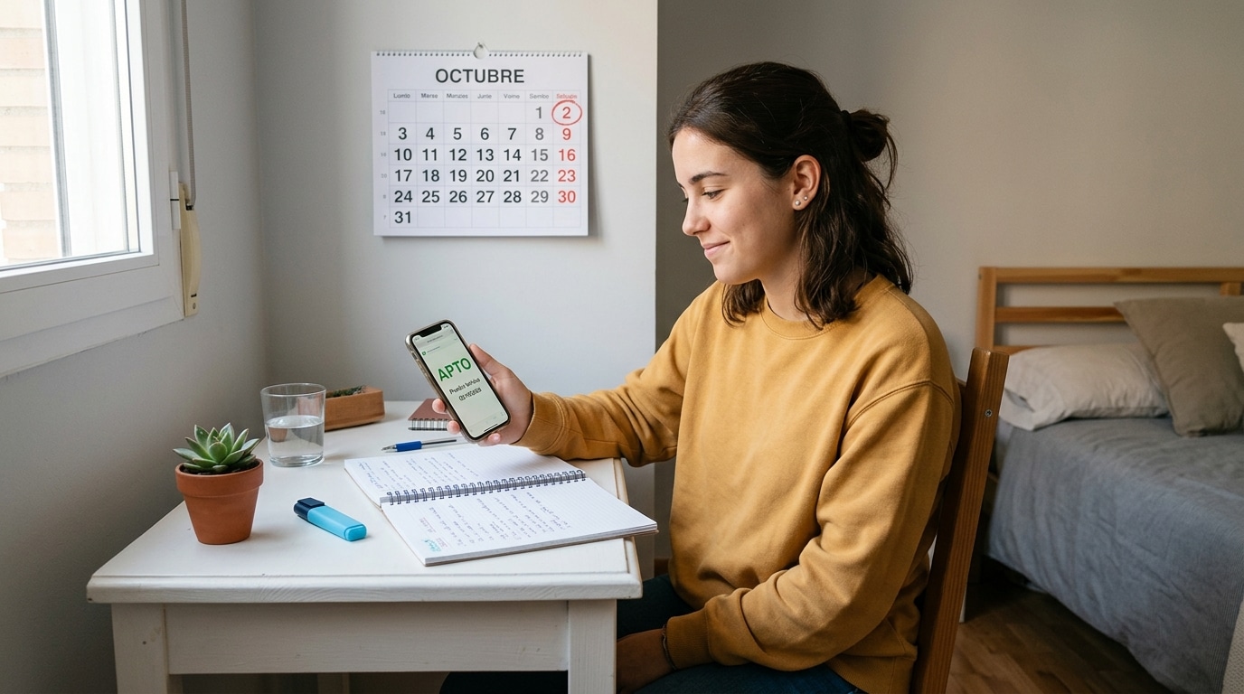 Chica joven mira en el móvil el aprobado de su examen teórico de conducir junto a un calendario de pared, la duda de cuándo caduca el teórico de coche